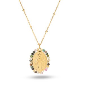 Colgante Virgen Milagrosa en acero inoxidable dorado con piedras naturales multicolor – COL-012