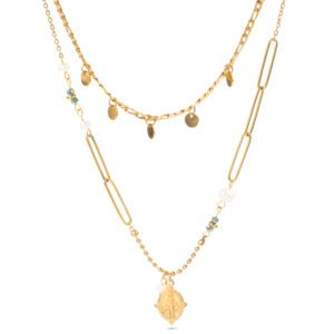Colgante Virgen Milagrosa con doble cadena y piedras de cristal blancas y verdes – COL-015
