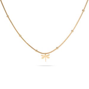 Colgante libélula minimalista en acero inoxidable dorado.