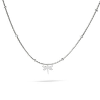 Collar Libélula minimalista de acero inoxidable plateado.