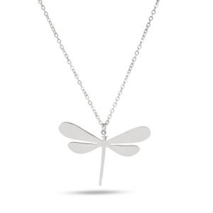 Collar de acero inoxidable plateado con dije en forma de libélula minimalista.