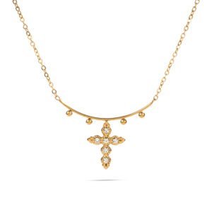 Colgante de cruz dorado con detalles brillantes y diseño elegante