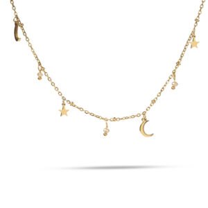 Collar dorado con charms de estrellas, lunas y piedras naturales blancas