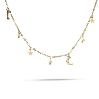 Collar dorado con estrellas, lunas y piedras naturales blancas Col-020