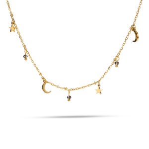 Collar dorado con estrellas, lunas y piedras naturales negras
