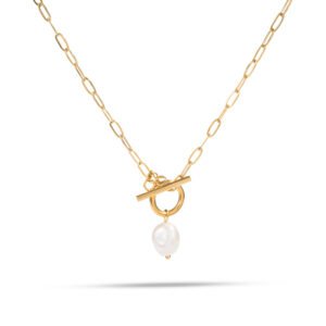 Collar dorado con cierre frontal y perla natural colgante