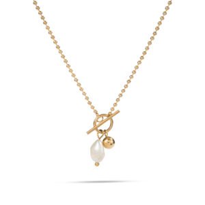 Collar dorado con cierre frontal, perla natural y pequeño detalle esférico