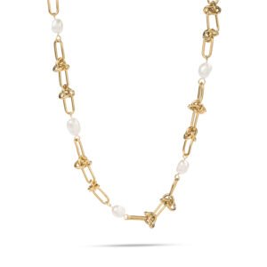 Collar dorado con perlas naturales y eslabones entrelazados, estilo romántico y femenino